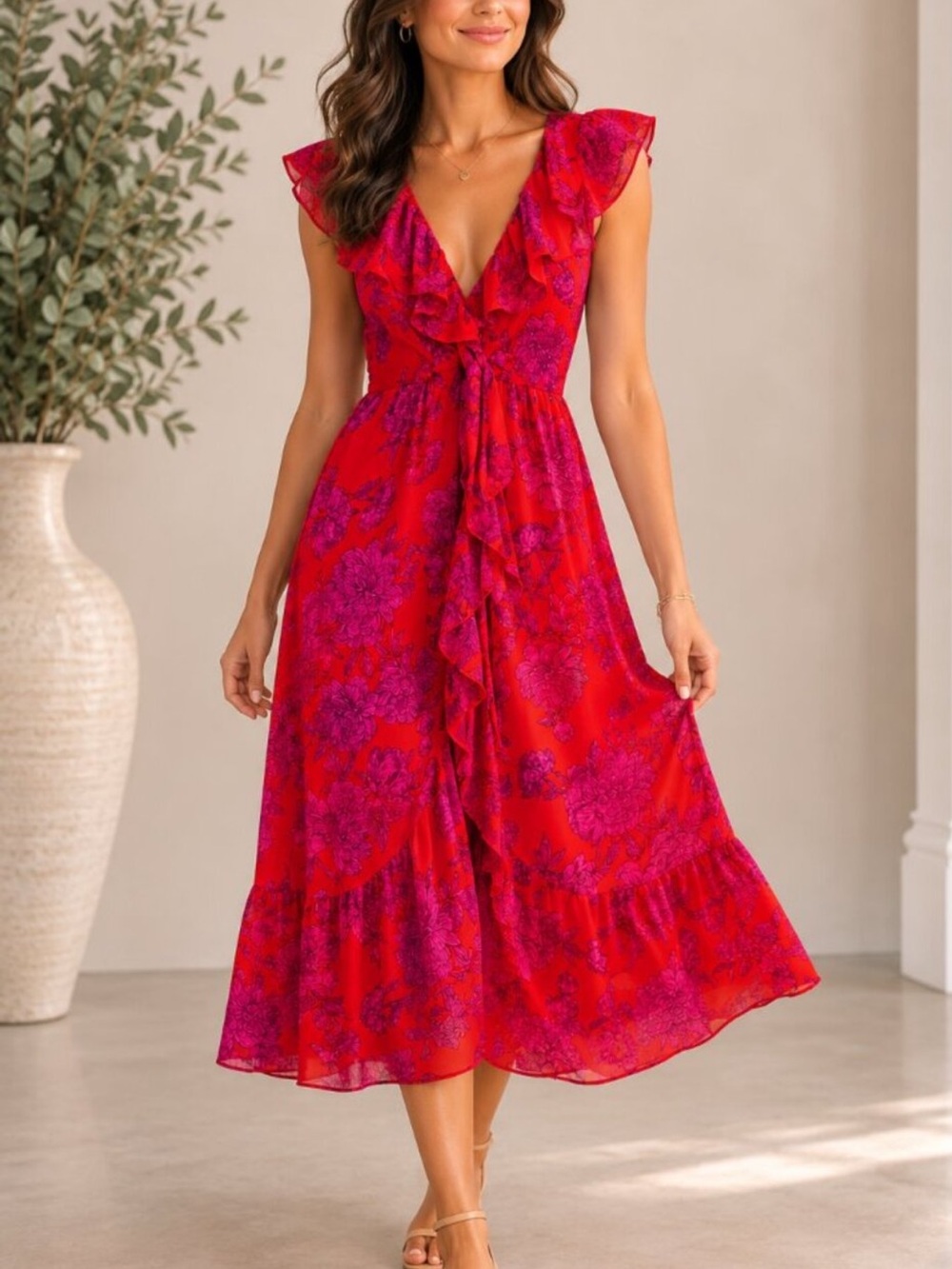 Lily Rose Red & Pink Floral Midi Dress